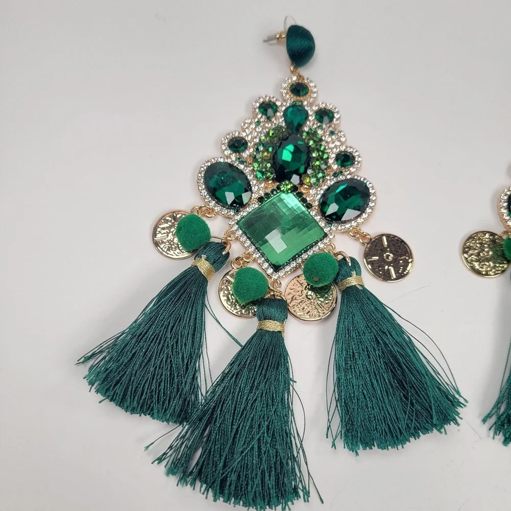 Huge Emerald Green Tassel Chandelier Earrings Rhinestone Dangle Boho Jewelry
